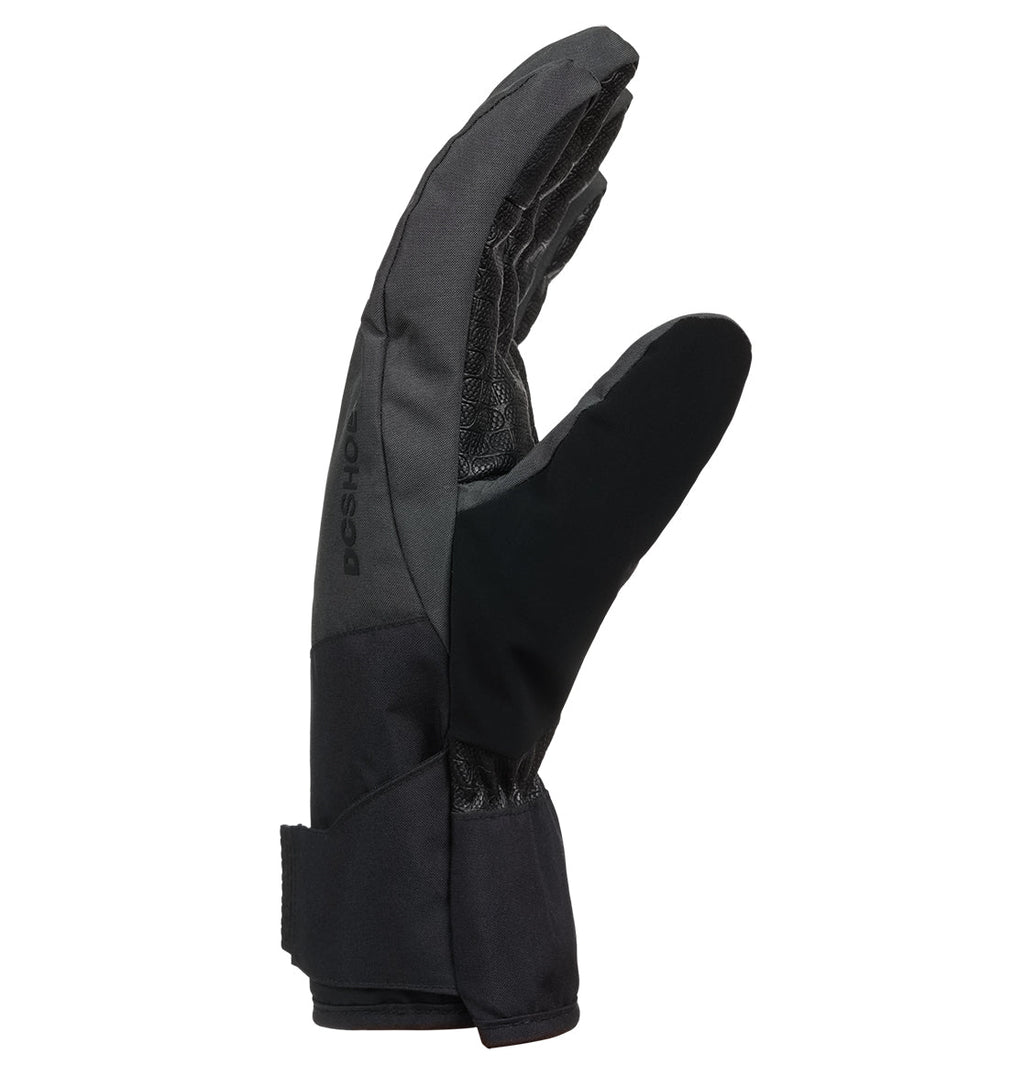 The DC Shoes Franchise Gloves 10K are displayed upright on a white background, featuring a black design with a curved thumb, insulated warmth for cold weather, and a textured grip on the palm side.