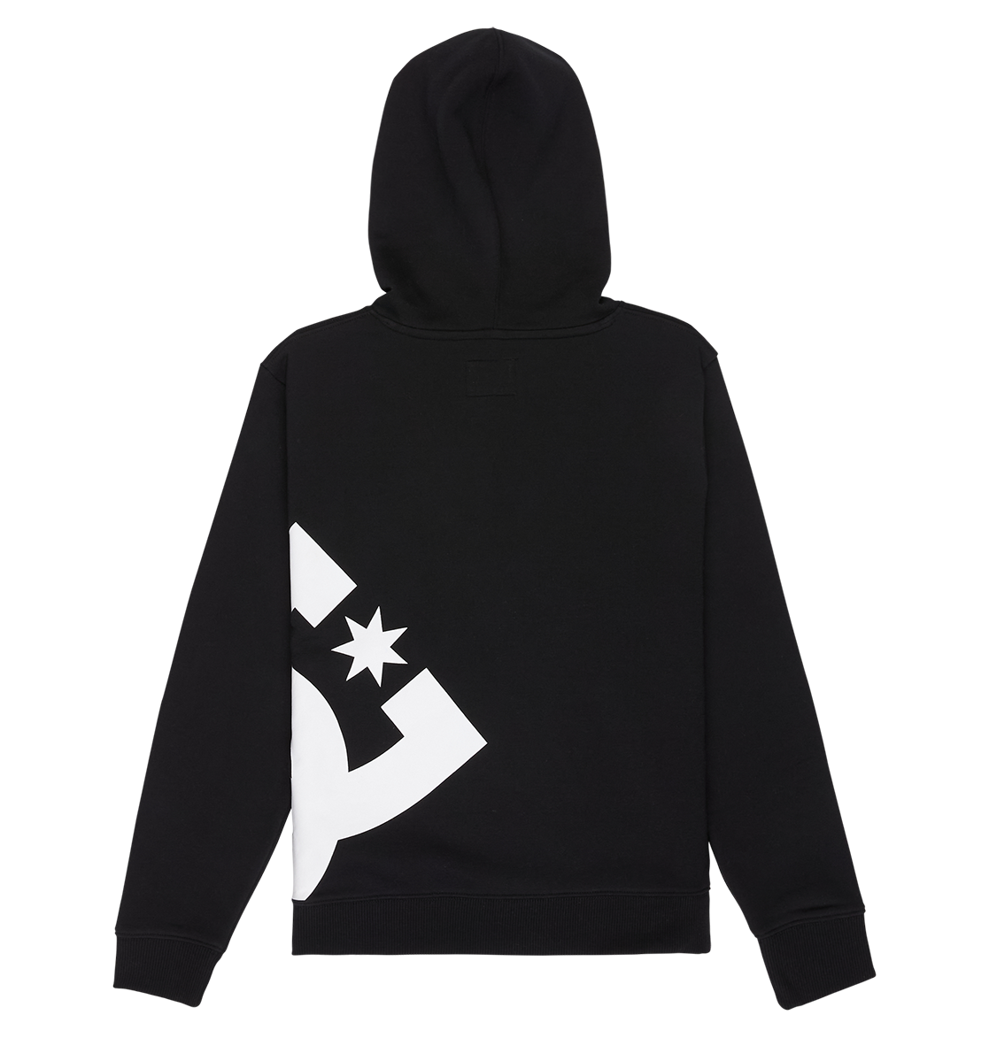 The DC Shoes Lanai Hoodie Youth is a black pullover with a bold white star and geometric graphic on the lower left back, designed for cozy fleece warmth.