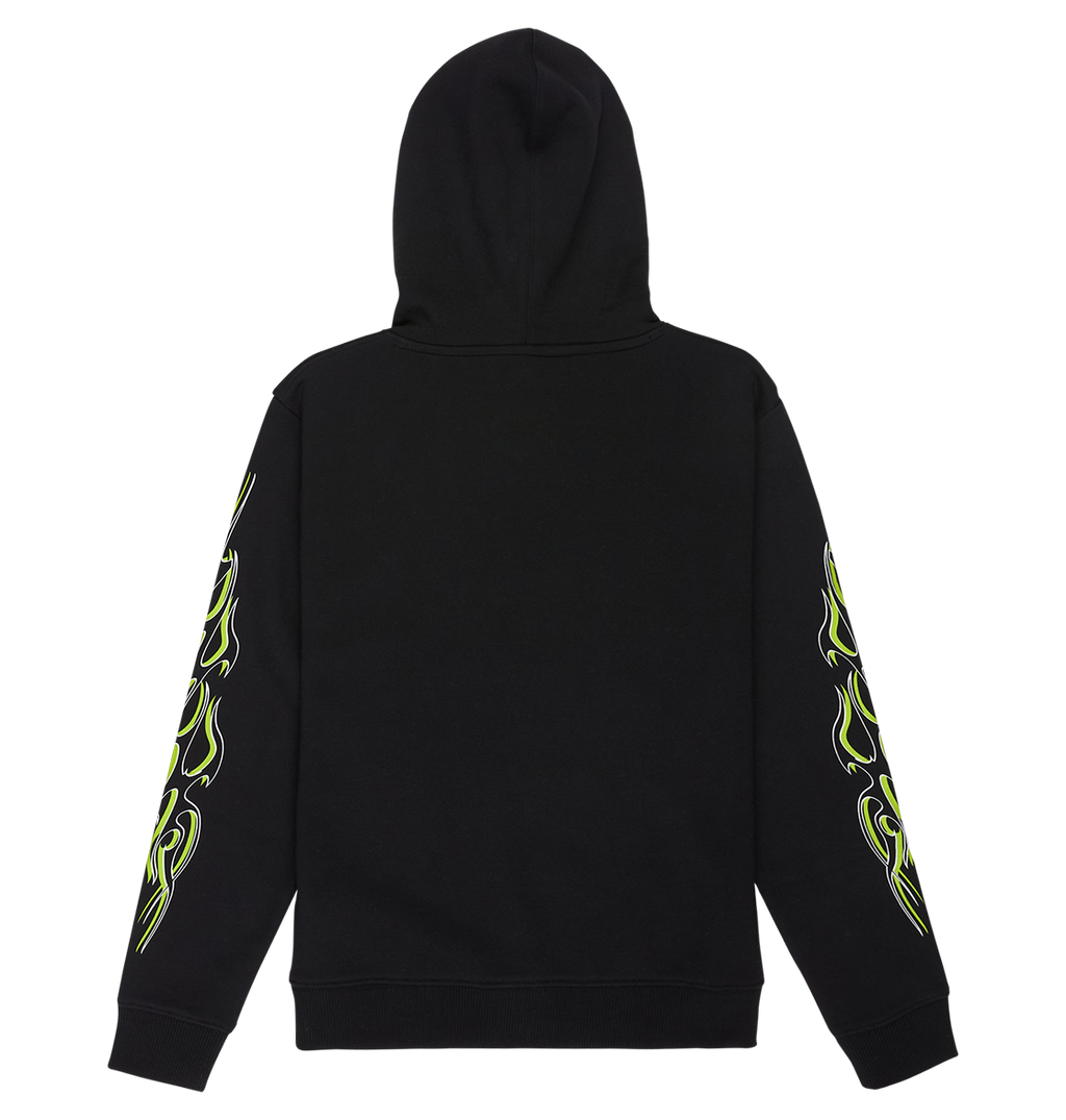 The Side Flame Hoodie Youth by DC Shoes is shown from the back, featuring vibrant yellow and green flame graphics running down both sleeves, inspired by bold DC graphics. The background is plain white.