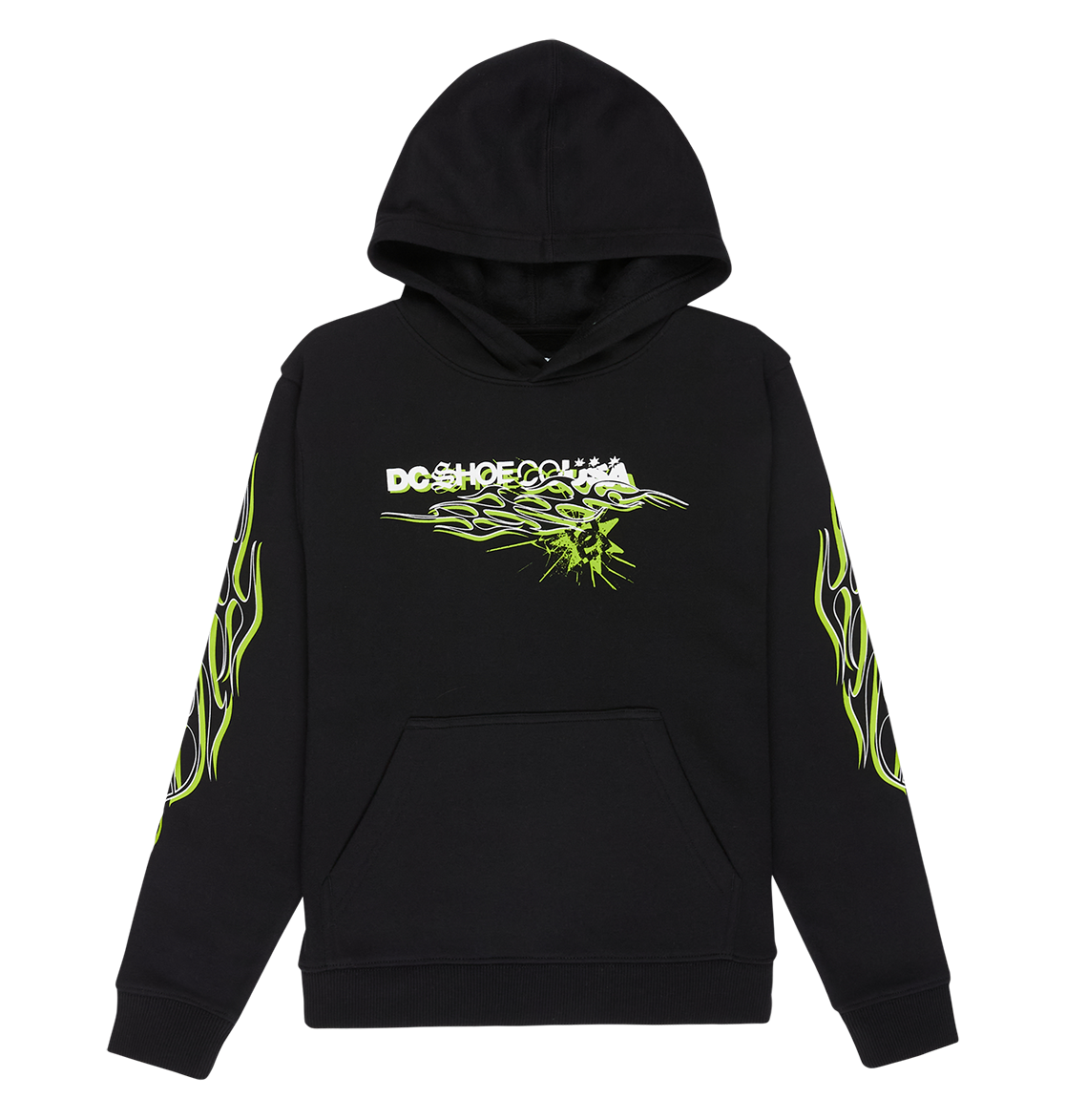Introducing the Side Flame Hoodie Youth by DC Shoes—a black pullover hoodie featuring a front pocket, neon green flame graphics running down both sleeves, and bold stylized white and green "DC" graphics text across the chest.