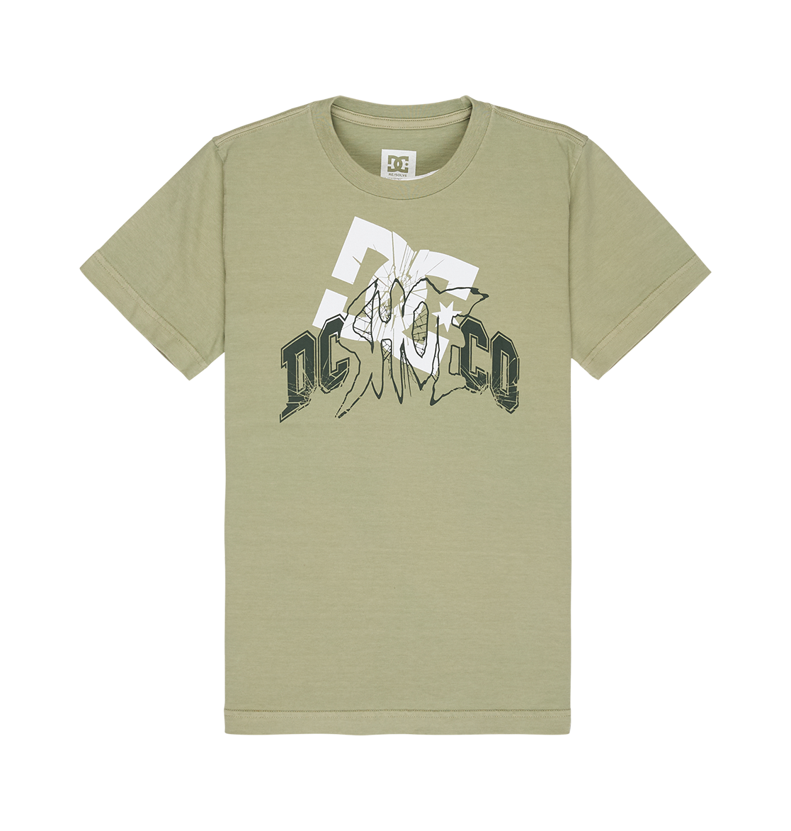 The DC Speratic Tee Youth by DC Shoes is a light olive green, short-sleeve graphic skate t-shirt featuring a bold white and black heritage-inspired DC Shoes logo across the chest. This relaxed fit tee is showcased against a plain white background.