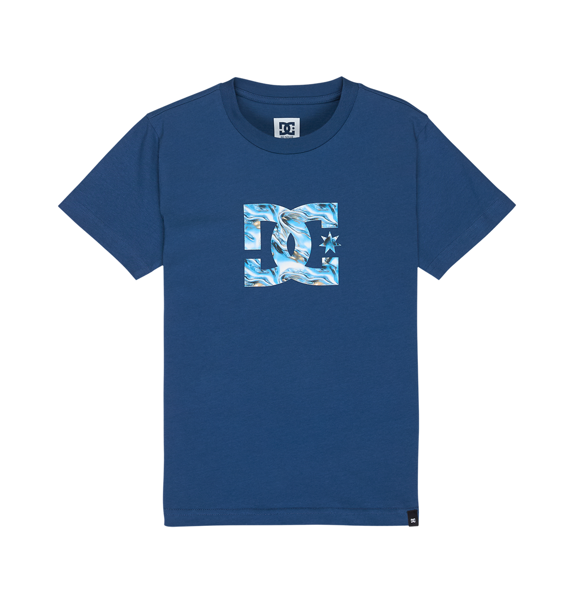 DC Shoes "Star Filled Tee Youth" – a relaxed fit blue T-shirt featuring a square wavy blue and white graphic with the DC Shoes logo centered, accented by the brand’s signature DC star artwork on the right side.