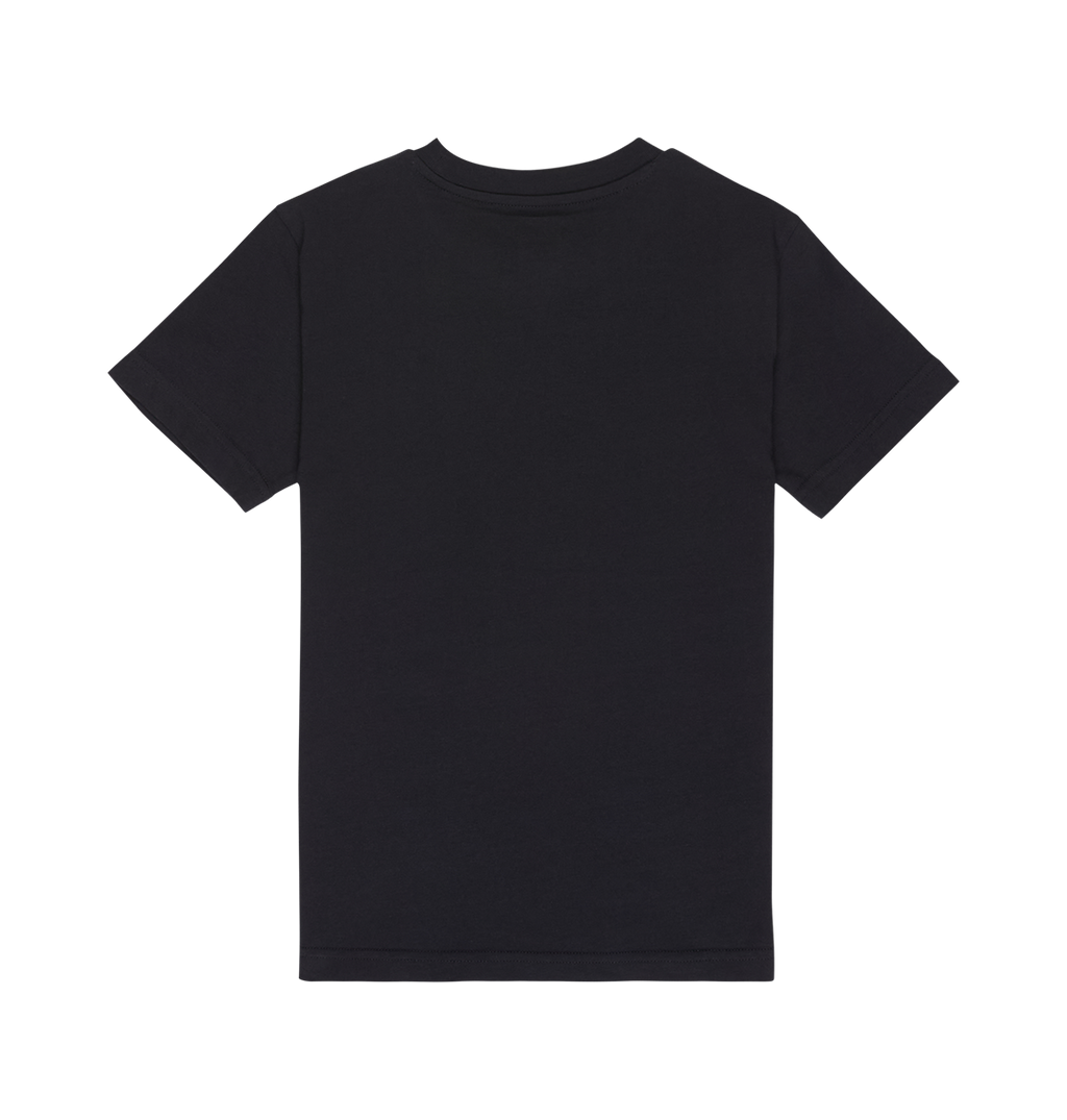 The DC Shoes DC Star Filled Tee Youth is displayed from the back, laid flat on a white background. Featuring a relaxed fit inspired by classic graphic skate tees, this black short-sleeve t-shirt is perfect for everyday wear.