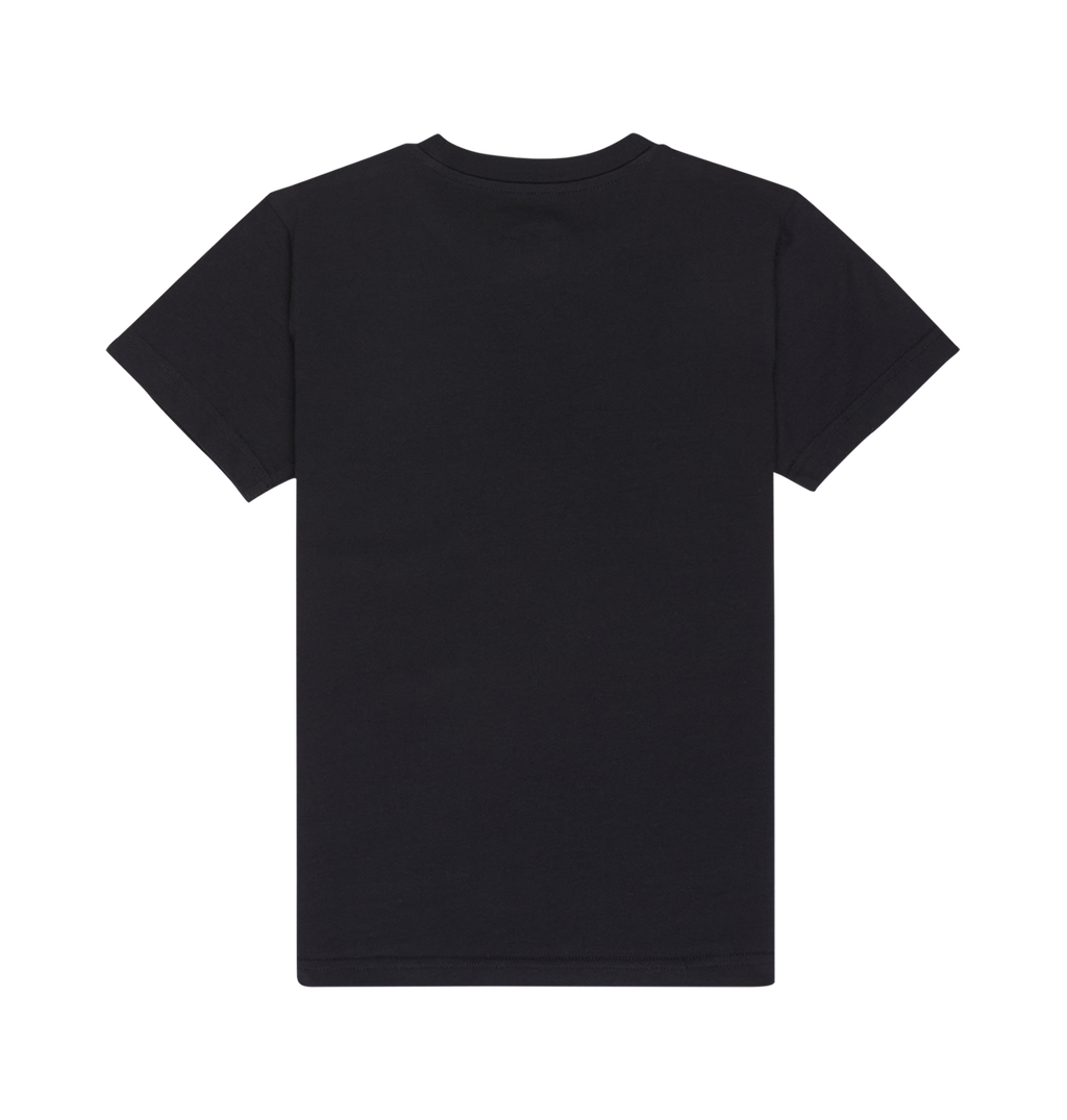 The DC Shoes DC Side Flame Tee Youth is shown laid flat with the back side facing up against a white background. This short-sleeve T-shirt features a relaxed fit and comes in plain black.