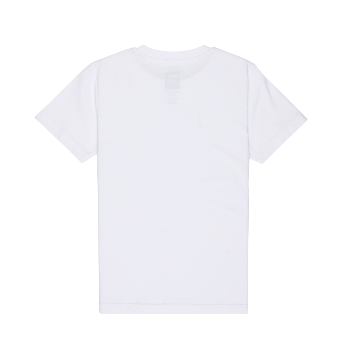 The DC Shoes DC Side Flame Tee Youth is a plain white short-sleeve t-shirt displayed flat with the back side facing up, featuring a relaxed fit and minimal details, with no visible designs or logos.