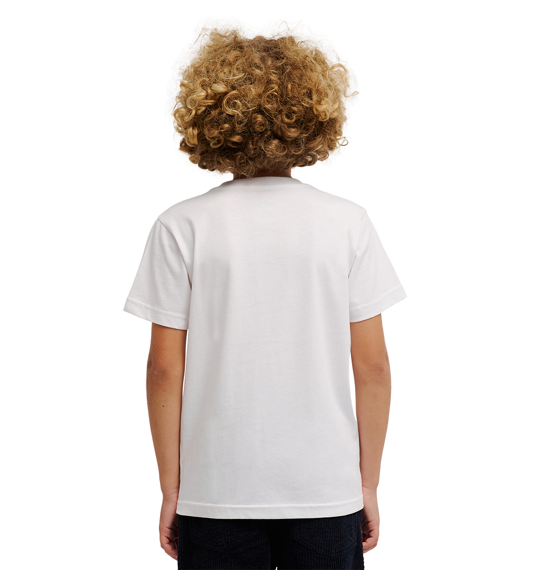A child with curly blond hair stands facing away from the camera against a white background, wearing the DC Shoes DC Side Flame Tee Youth—a relaxed-fit graphic skate t-shirt featuring subtle flame artwork.
