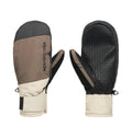 A pair of DC Shoes Franchise Mitts W 10K snow gloves, featuring color-blocked panels in beige, brown, and black—one displaying a textured palm grip and the other the DCSHOECOUSA logo on the back. Engineered for superior weather protection and insulated warmth, these mittens include adjustable wrist straps for a secure fit.