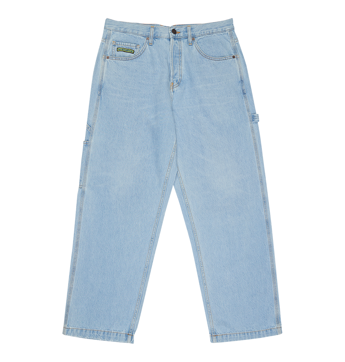 The DC Shoes Men's Baggy Denim Carpenter Pant in light blue features a relaxed, straight wide-leg fit with side pockets, belt loops, heavyweight denim, and a small green patch on the front right pocket.