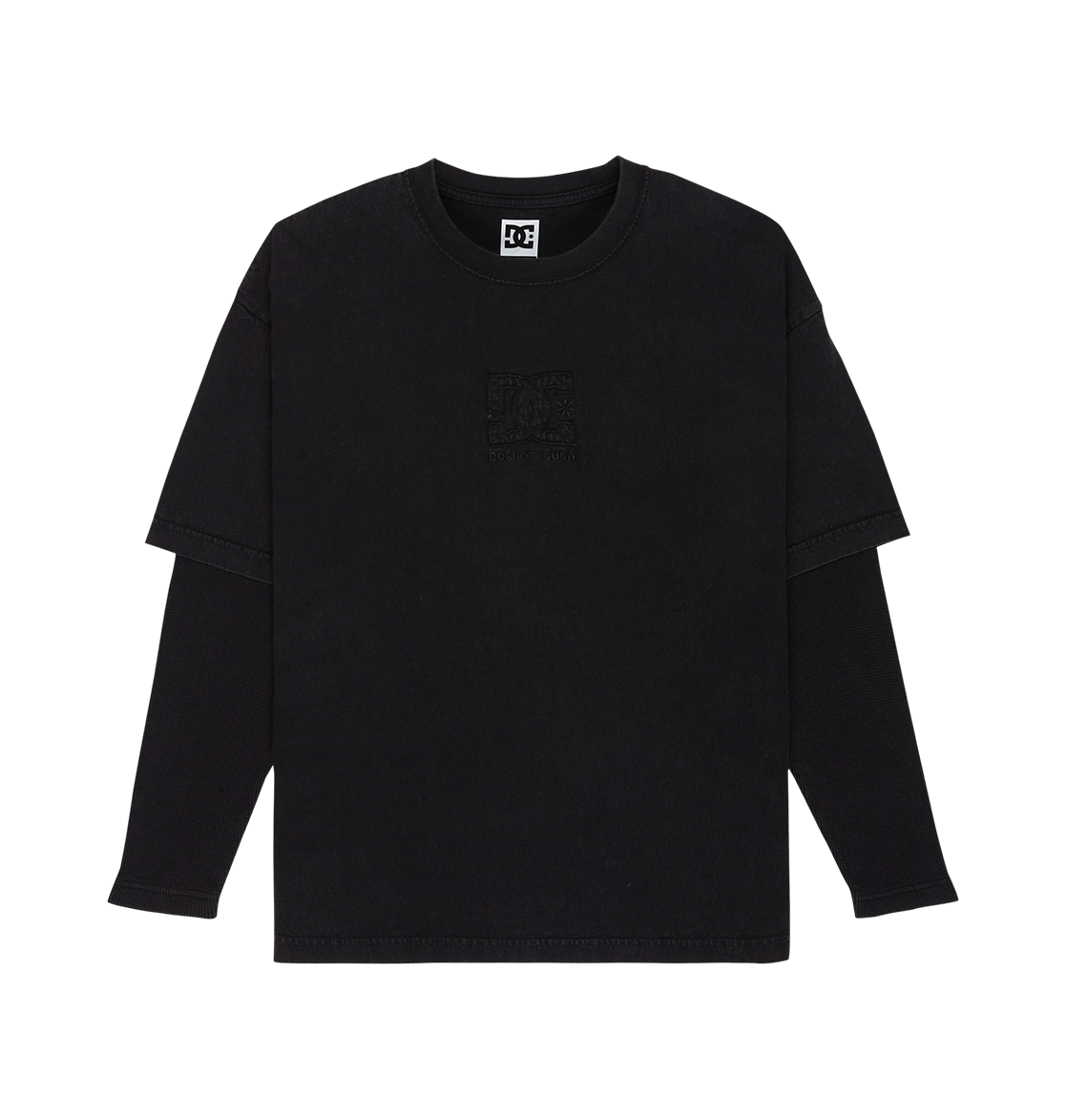 The Men’s DC Twofer Long Sleeve by DC Shoes features a classic crew neckline, layered black sleeves, and a subtle logo design on the chest, embodying authentic streetwear style. Shown against a plain white background.