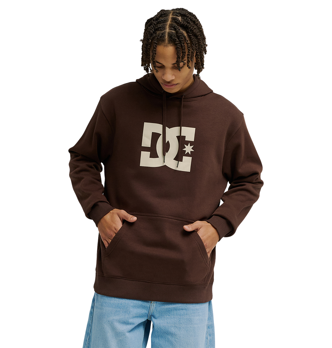 The Men's DC Star Hoodie by DC Shoes is a brown fleece pullover with a large light-colored DC logo on the chest and a front kangaroo pocket, shown against a white background.