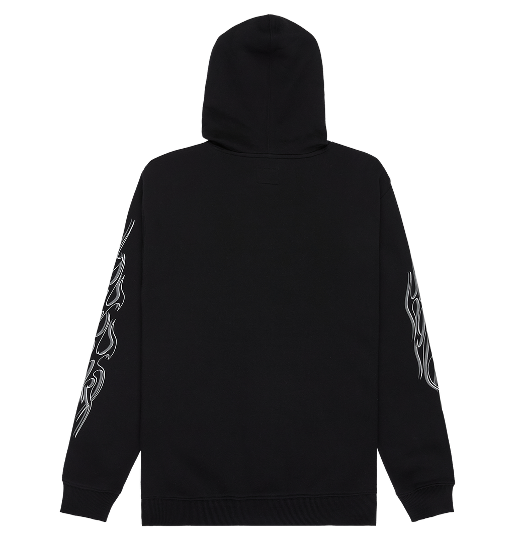 The DC Shoes Men's Side Flame Hoodie is displayed from the back with the hood up, highlighting bold white flame designs running down both sleeves. Made with warm fleece, this hoodie is set against a plain white background.