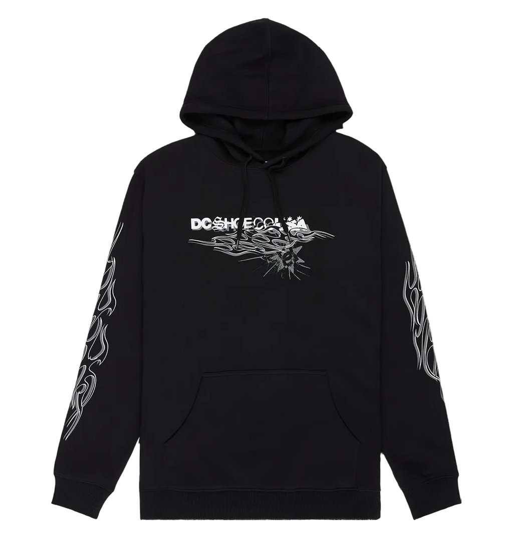 Introducing the Men's Side Flame Hoodie from DC Shoes—a black pullover hoodie with striking white flame graphics down the sleeves and bold DC branding with text on the chest. Designed for ultimate comfort, it features a soft fleece interior, convenient front pocket, and adjustable drawstrings.