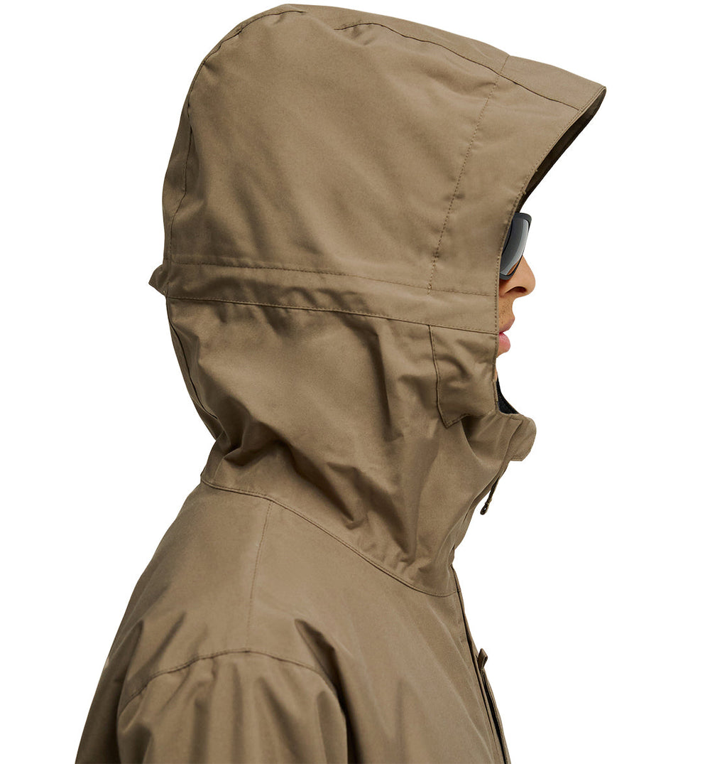 A person is shown in profile view against a plain white background wearing the DC Shoes Basis Jacket 10K, an insulated tan jacket with a hood, along with sunglasses.