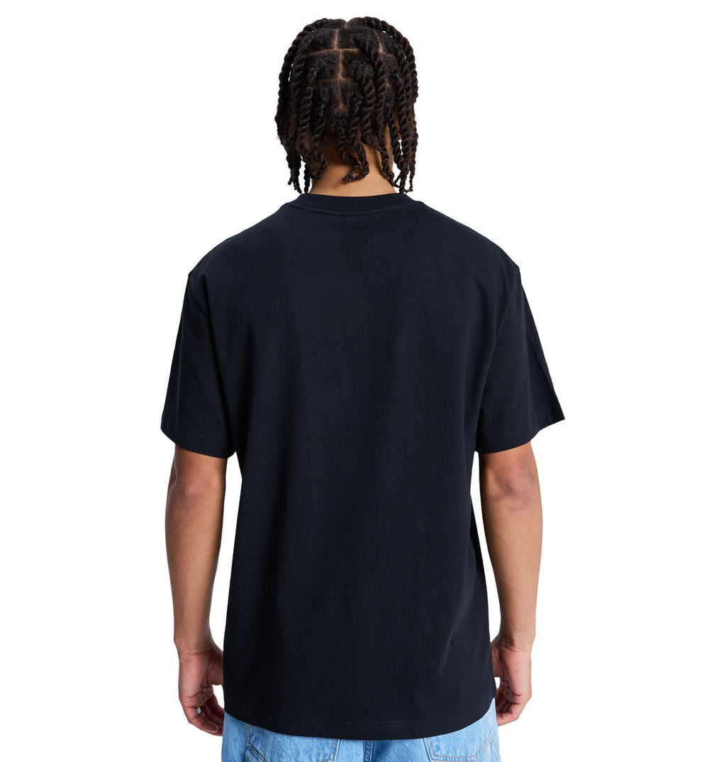A person with braided hair is seen from the back, wearing a Reebok DC Star Oxidized Hss plain black t-shirt and light blue jeans against a white background.