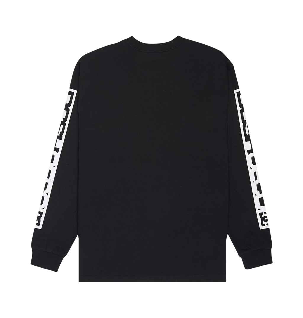 The Men's DC Echo Tee by DC Shoes is a black long-sleeve graphic shirt, shown from the back, with striking white text down both sleeves. Drawing inspiration from skate sessions, it features a classic crew neckline and ribbed cuffs, channeling the dynamic spirit of DC artwork in every detail.