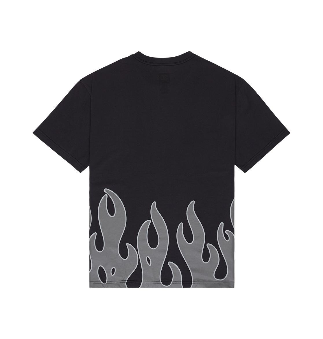 Men's DC Burning Diamonds Tee by DC Shoes features a black design with a striking gray flame graphic rising from the bottom hem and wrapping around the lower half—a bold, eye-catching skate tee. Set against a plain white background.