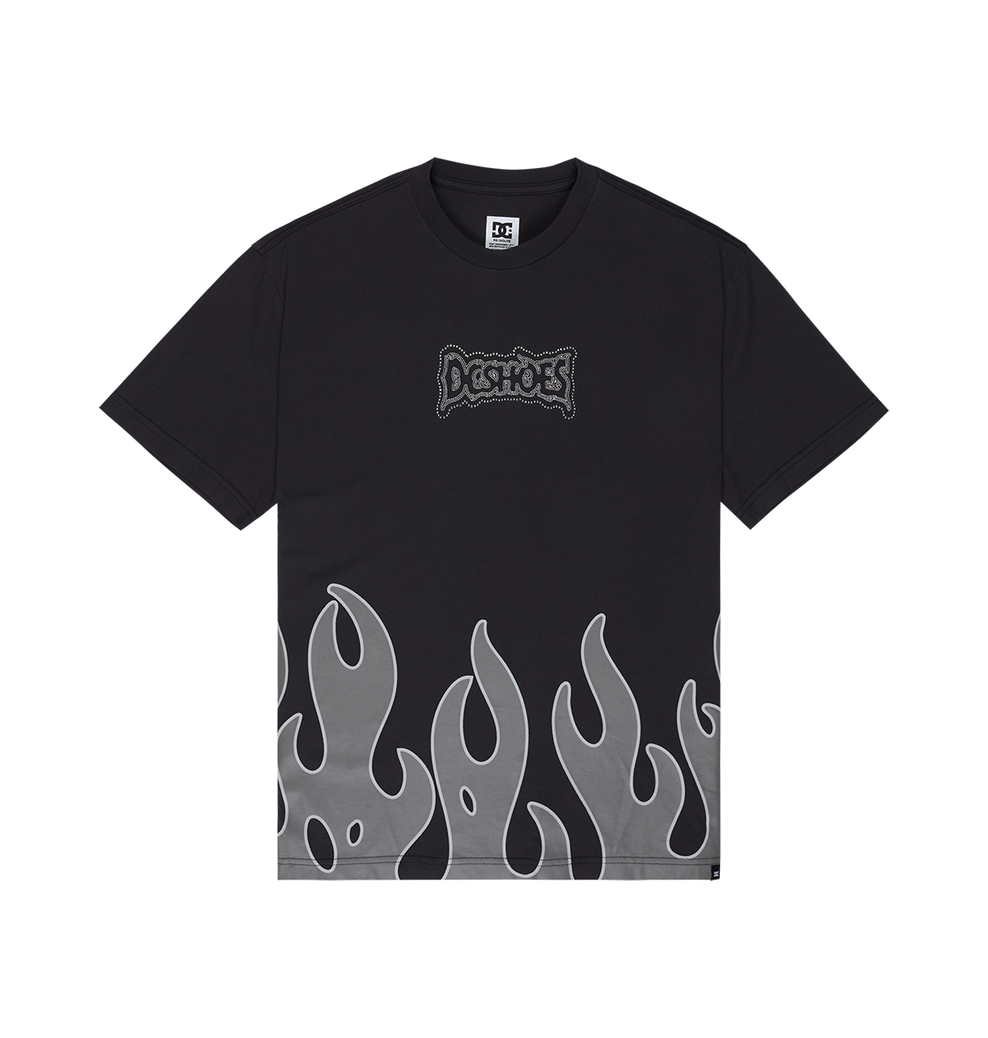 The Men’s DC Burning Diamonds Tee by DC Shoes is a black short-sleeve skate t-shirt, showcasing “DC SHOES” text on the chest and a striking gray flame graphic rising from the bottom hem—a standout addition to any collection.